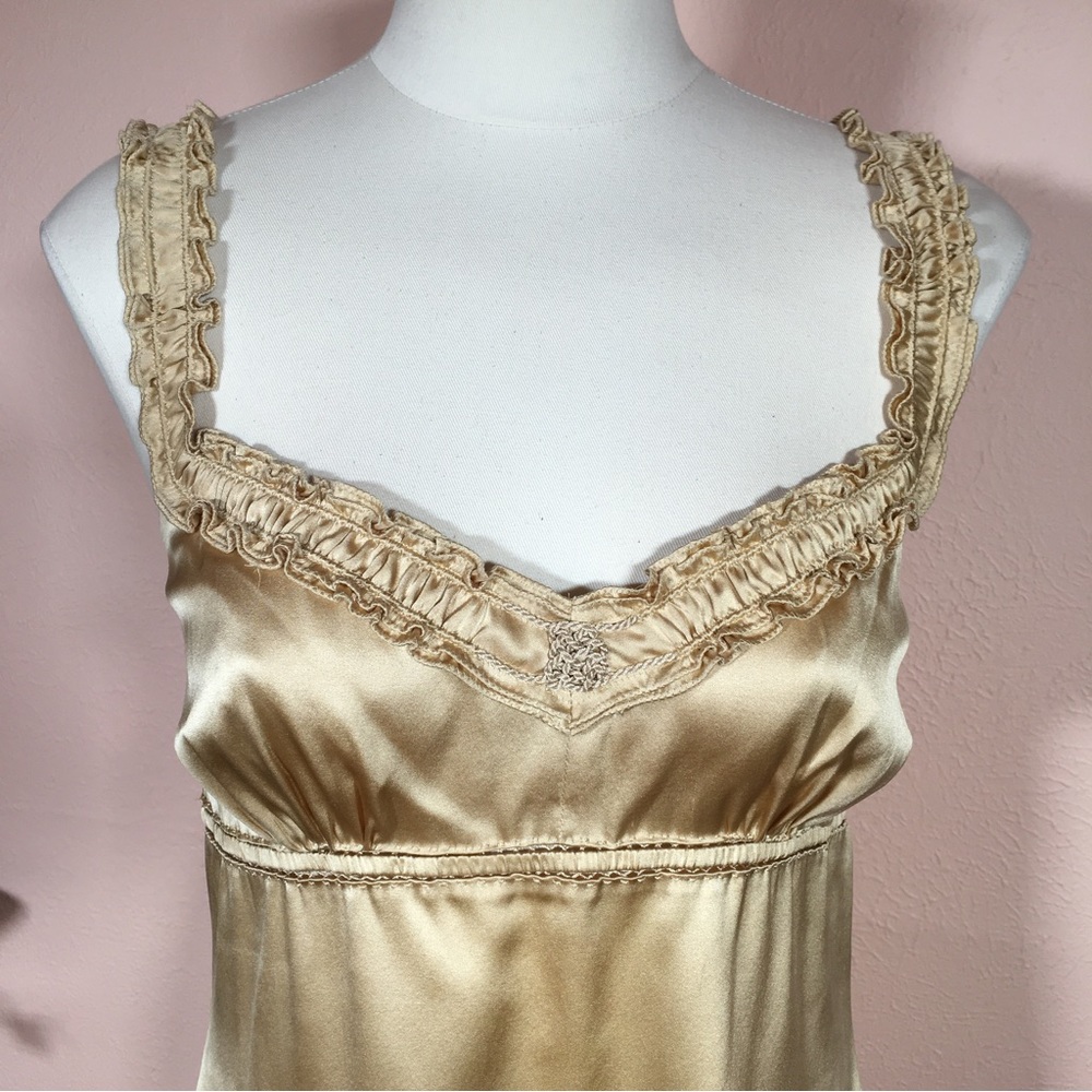 Ellie Tahari Gold Silk Satin Victorian Ruffle sweetheart neckline Camisole top - Picture 11 of 16
